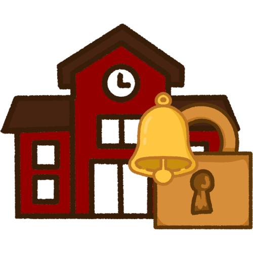 A red school building with a gold padlock with a gold bell